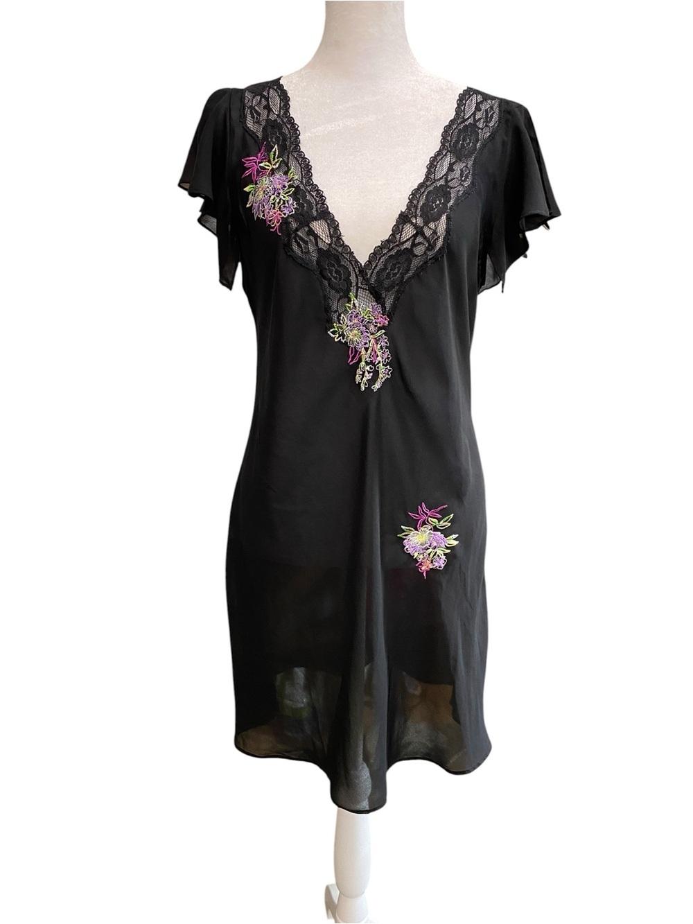 IVY & ANNABELLE Women's S Black Slip with Pink, Purple & Green Floral Embroidery